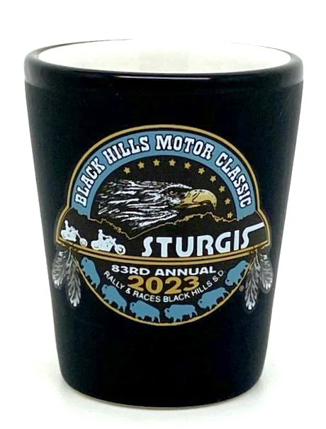 Men's short-sleeve vibrant tropical-retro-cool-true-gold tee-Sturgis Official Heritage Black/White Shot Glass - 2023