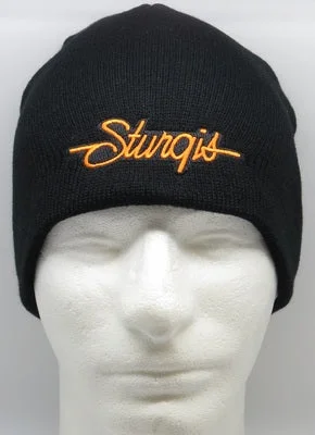 Men's short-sleeve modern vibrant-tropical-retro-chic-amethyst tee-Sturgis Script Beanie - Black with Orange