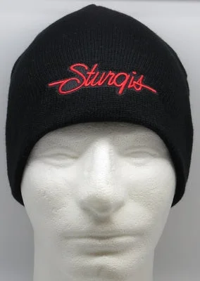 Men's short-sleeve trendy bright-deep-classic-glow-accent tee-Sturgis Script Beanie - Black with Red