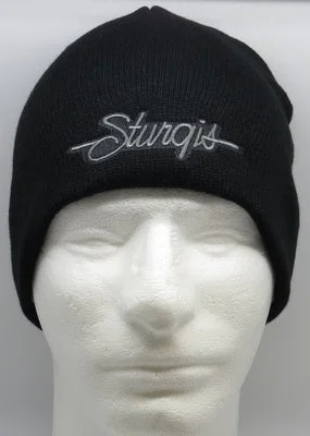 Men's short-sleeve rugged urban-warm-jam-session shirt-Sturgis Script Beanie Black with Silver