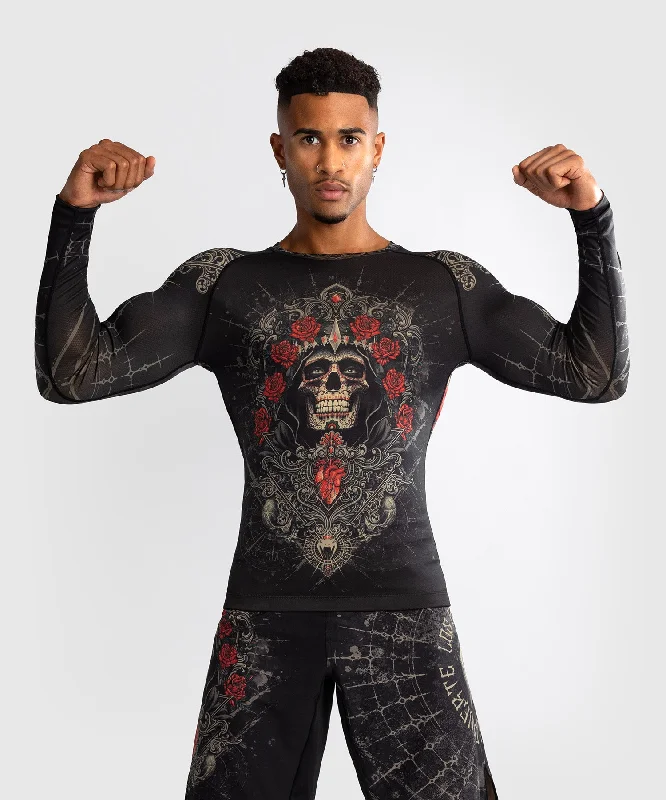 Men's short-sleeve modern vibrant-tropical-retro-chic-amethyst tee-Venum Santa Muerte 5.0 Men’s Long Sleeve Rashguard - Deep Black/Gold