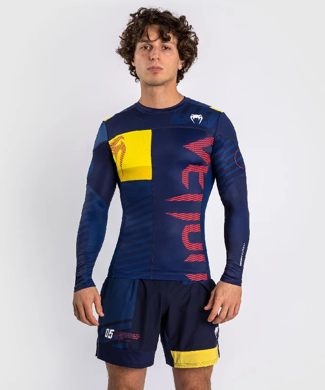 Men's short-sleeve cool gunmetal shirt-Venum Sport 05 Rashguard Long Sleeves - Blue/Yellow