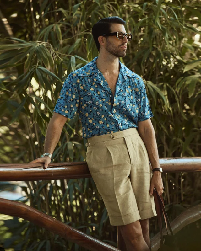 White and Yellow Flower on Light Blue Printed Shirt