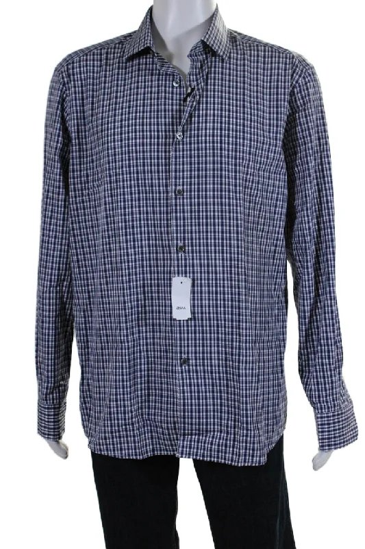 Zegna Mens Cotton Plaid Collared Long Sleeve Button Up Shirt Navy