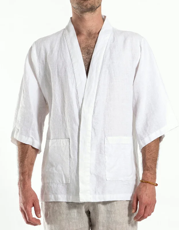 Men's short-sleeve stylish sleek-neutral-techno top-2340 A White Linen Bruce Lee Shirt