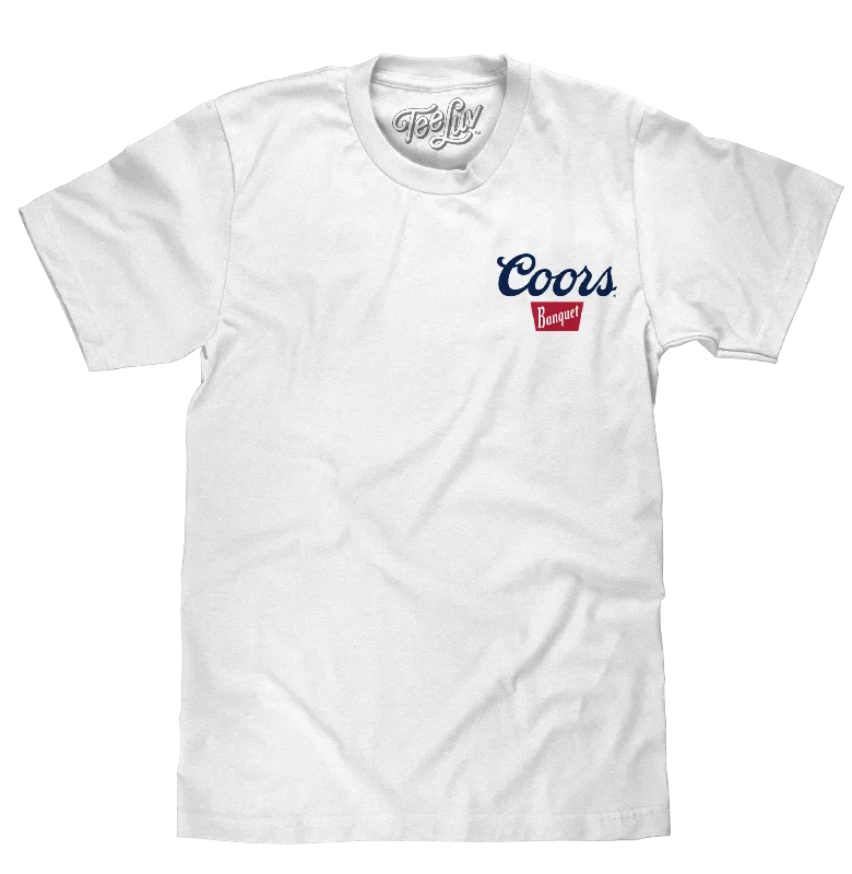 Men's short-sleeve warm stylish-sleek-desert-tan top-Coors Banquet Beer Front Back T-Shirt - White