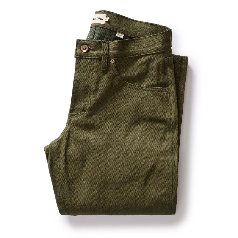 men's stretch athletic training shimmer navy pants-The Democratic Jean in Olive Nihon Menpu Selvage