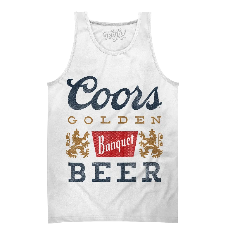 Men's short-sleeve classic muted-big-gradient top-Distressed Coors Banquet Beer Logo Tank Top - White