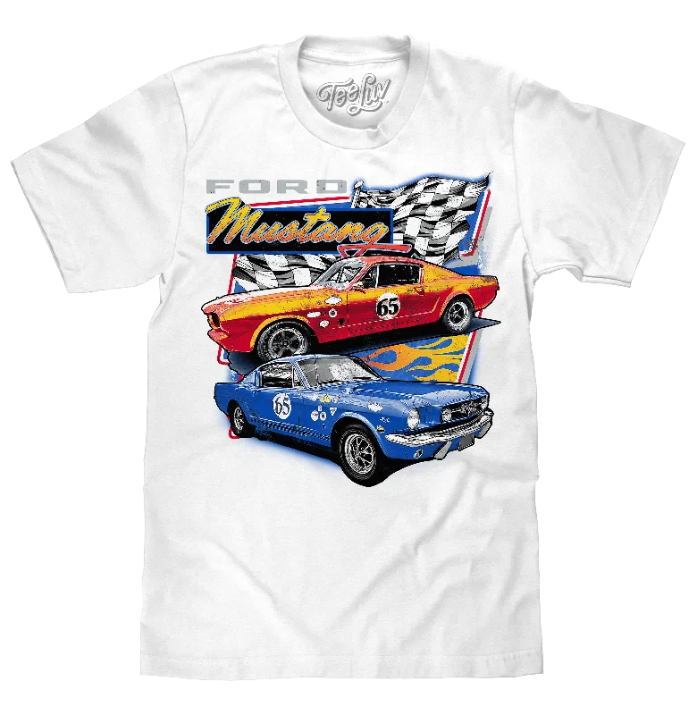 Men's short-sleeve warm stylish-deep-burgundy top-Faded Ford Mustang 65 Racecar T-Shirt - White