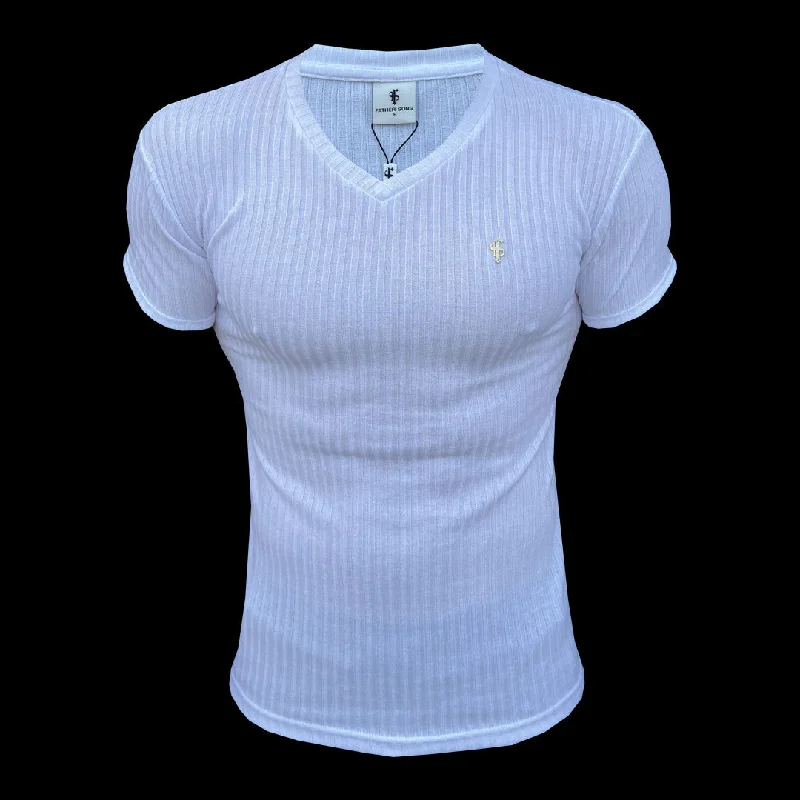 Men's short-sleeve subtle soft-trendy-bright-stark-white shirt-Father Sons Classic White / Gold V Neck Ribbed Crew - FSH1125