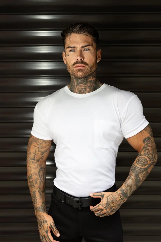 Men's short-sleeve rich sporty-subtle-soft-grill tee-Father Sons White Bamboo Crew T Shirt With Pocket Short Sleeve- FSH1095