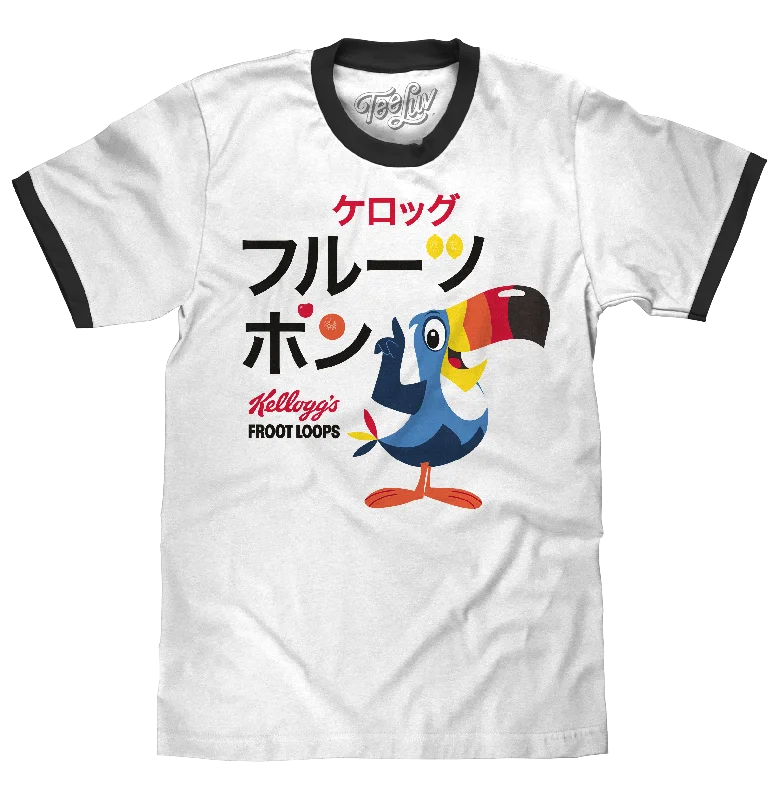 Men's short-sleeve tropical retro-cool-handcrafted-ramie top-Froot Loops Cereal Japanese Toucan Sam Ringer T-Shirt - White/Black