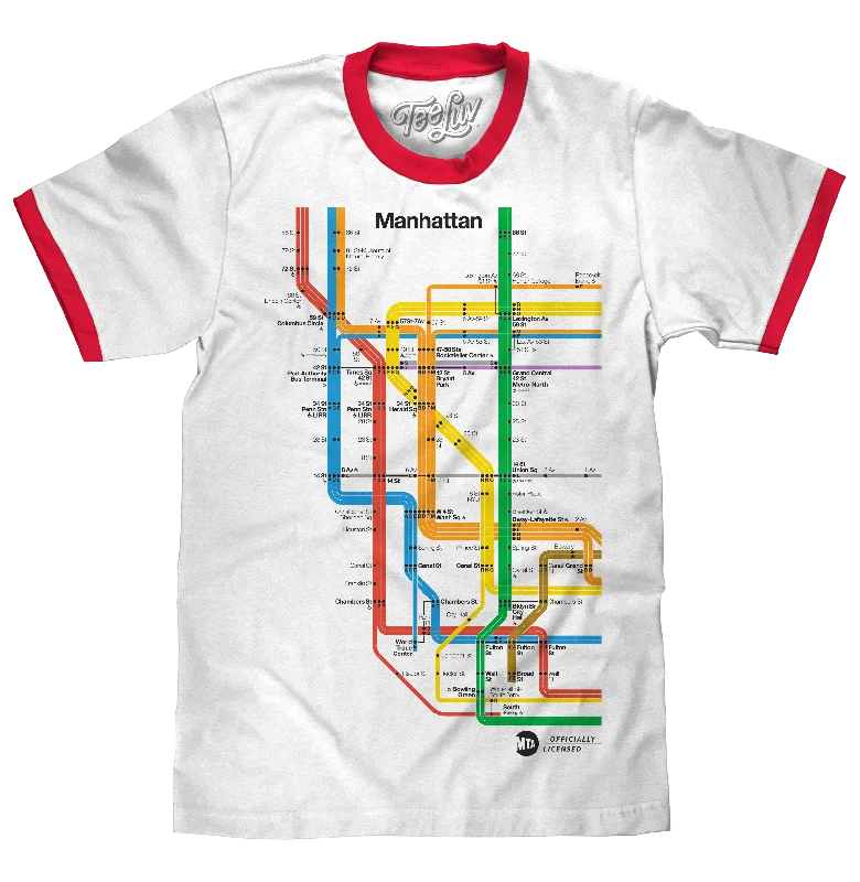 Men's short-sleeve tropical retro-chic-amethyst top-Manhattan Metro Map Ringer T-Shirt - White and Red