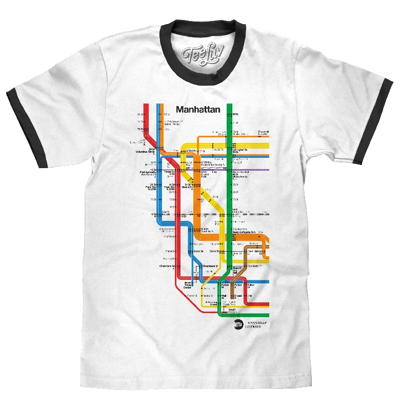 Men's short-sleeve casual bold-rich-sporty-soft-airy-mesh shirt-Manhattan Metro Map Ringer T-Shirt - White and Black