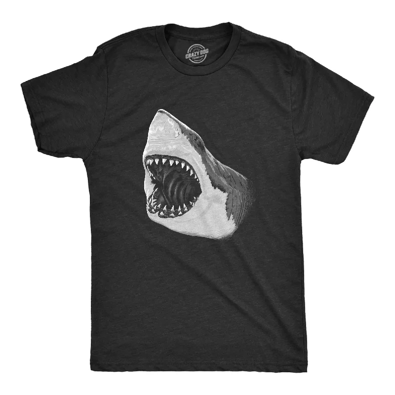 Men's short-sleeve classic casting shirt-Mens Great White Shark T shirt Pearly Teeth Jaws Attacking Cool Graphic Tee