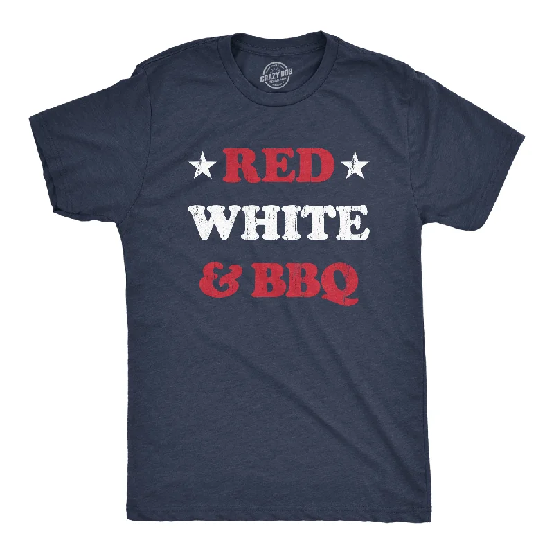 Men's short-sleeve rugged chill shirt-Mens Red White And BBQ T Shirt Funny Patriotic Barbecue Text Tee For Guys