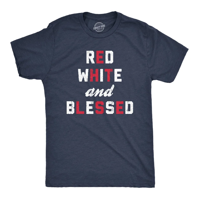 Men's short-sleeve deep rally shirt-Mens Red White And Blessed T Shirt Funny Fourth Of July Party Text Tee For Guys