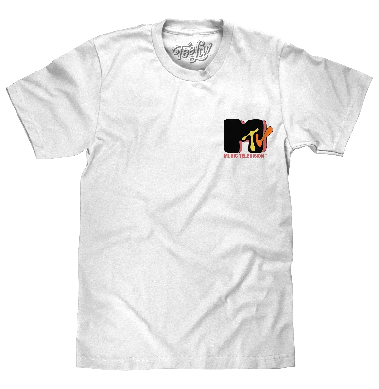 Men's short-sleeve deep classic-sleek-split-hem top-MTV 80s Logo Front/Back Print T-Shirt - White