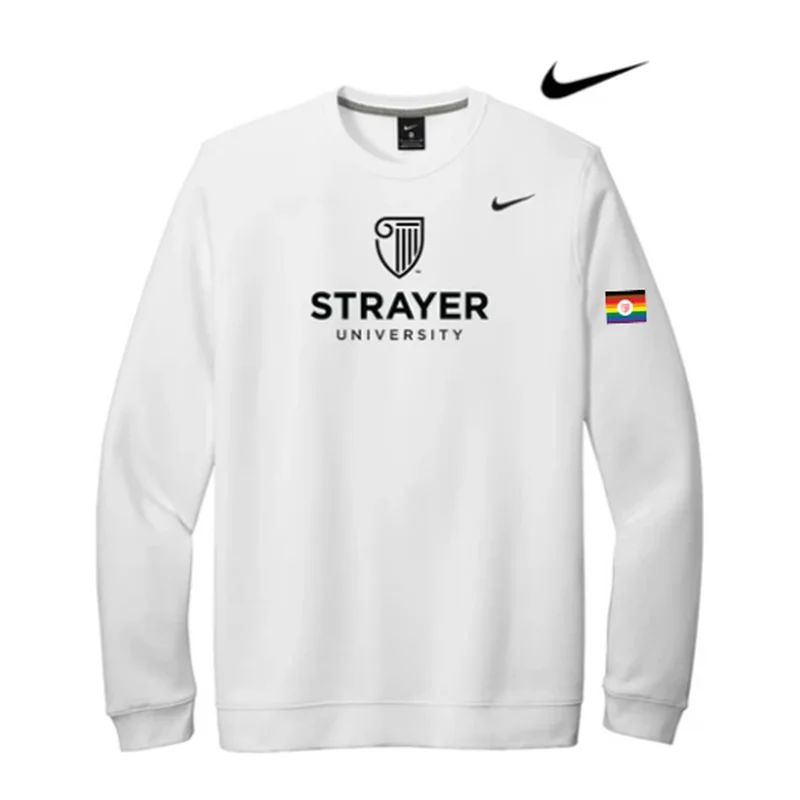 Men's short-sleeve casual bold-rich-sporty-perforated top-NEW STRAYER Nike Club Fleece Crew- White - PRIDE