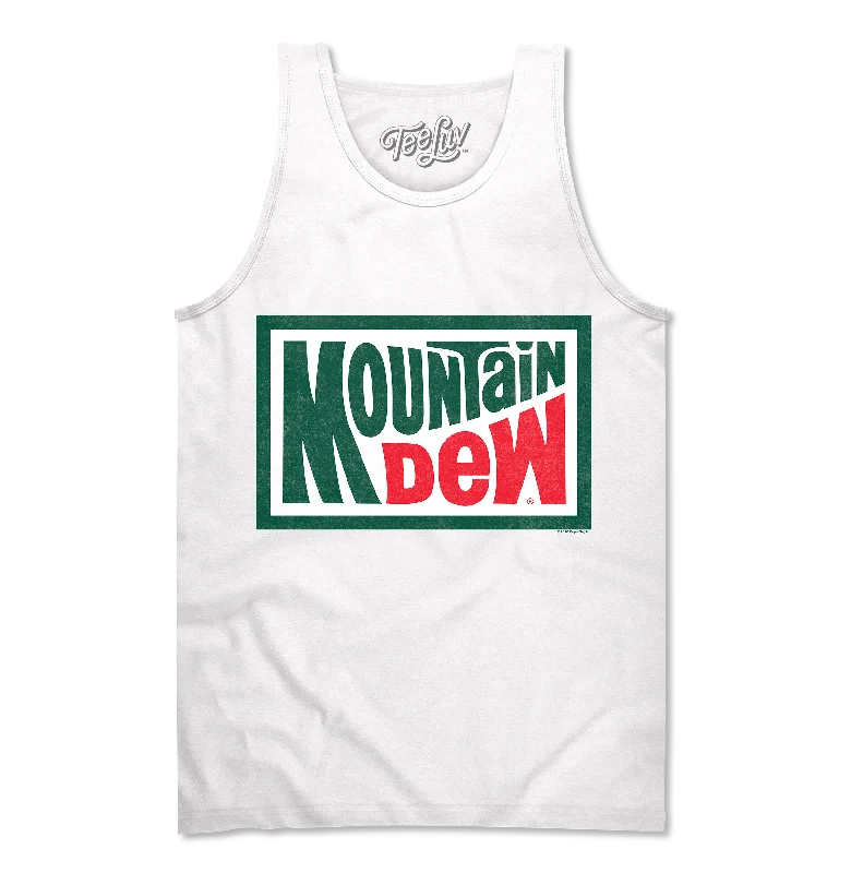 Men's short-sleeve cool rugged-urban-deep-obsidian top-Retro Mountain Dew Logo Tank Top - White