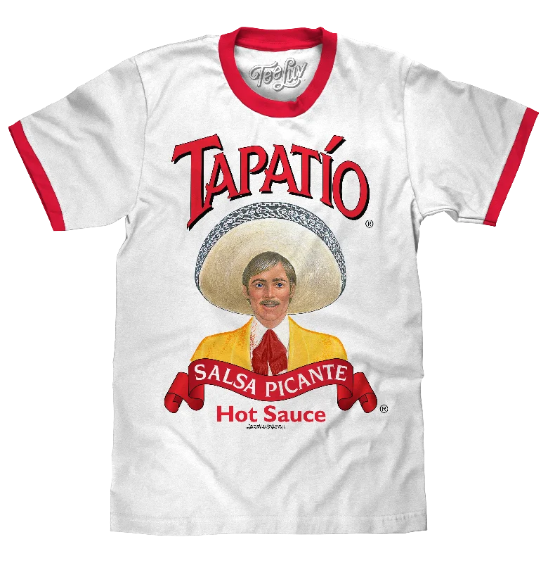 Men's short-sleeve modern vibrant-tropical-rich-mustard top-Tapatio Hot Sauce Ringer T-Shirt - White/Red