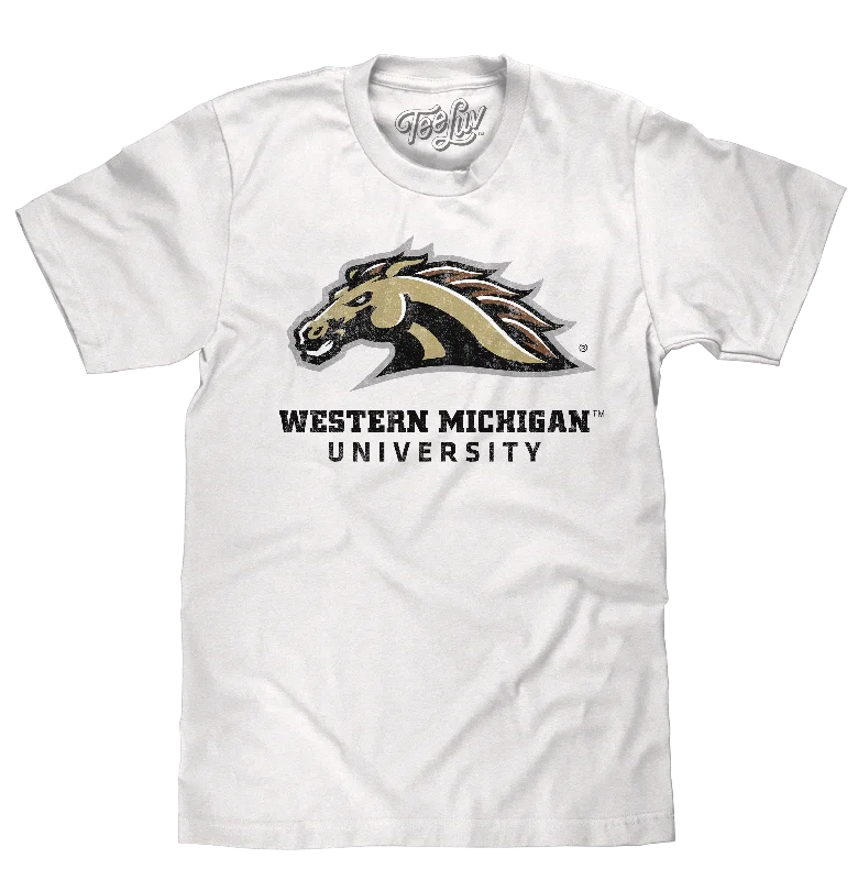 Men's short-sleeve soft trendy-bright-deep-old-frayed shirt-Western Michigan University Broncos T-Shirt - White